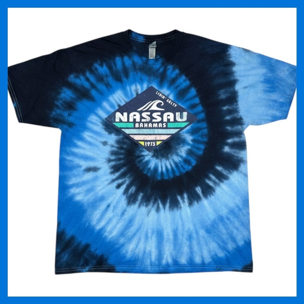 Gildan Nassau Bahamas Tie Dye Graphic T-Shirt Blue Navy XL Livin Salty 1973